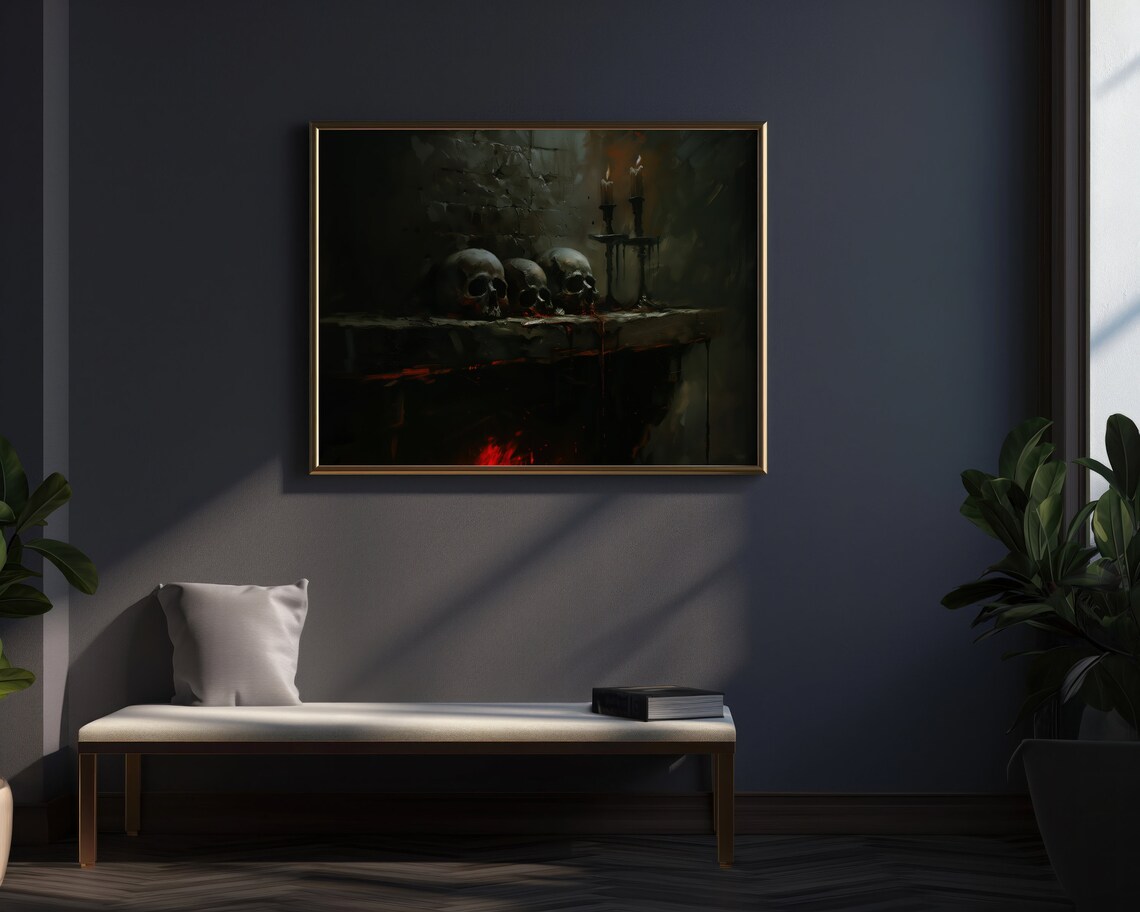 Skulls Fireplace Candles Dark Gothic Halloween Moody Oil Painting Poster - Image 4