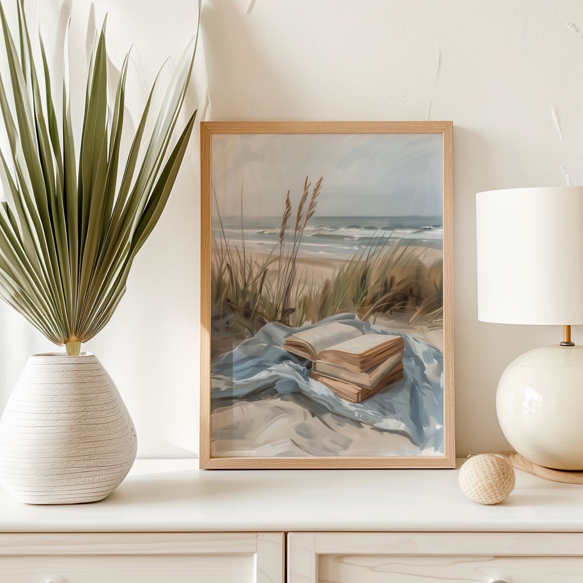 Books Stack Beach Blanket Ocean Dunes Cozy Seaside Reading Art Print - Image 3