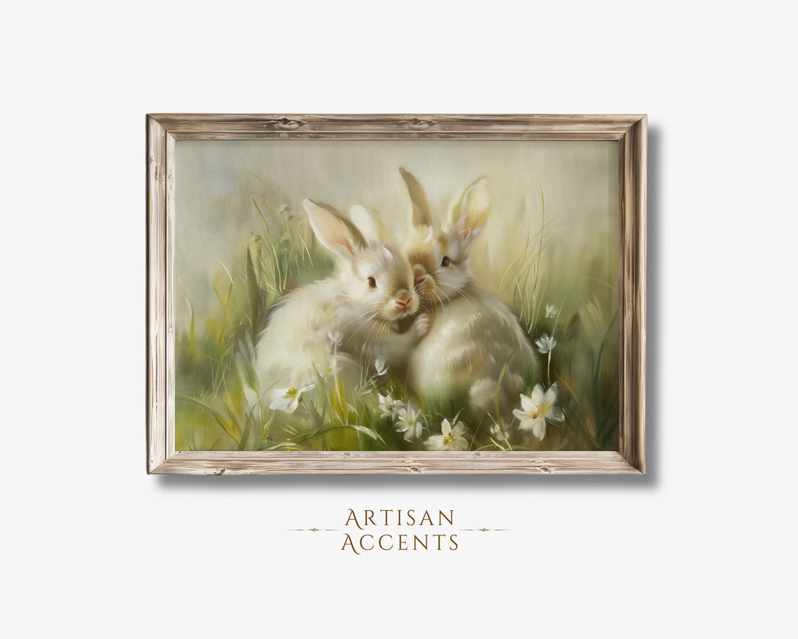 Two Bunnies Cuddling In Wildflower Meadow Sweet Spring Painting Print