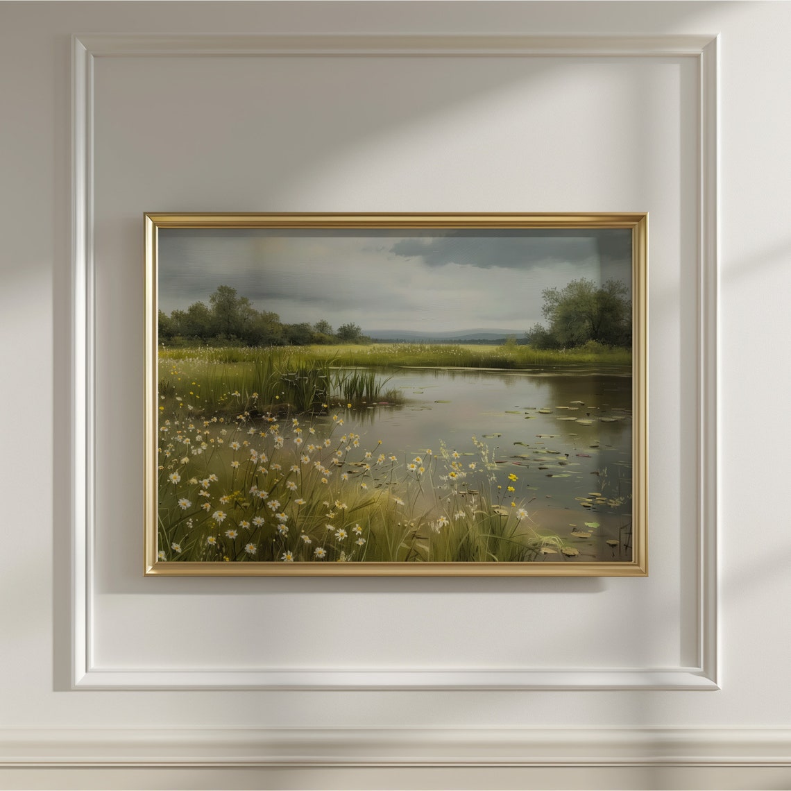 Wildflower Meadow Pond Vintage Landscape Oil Painting Art Print - Image 5