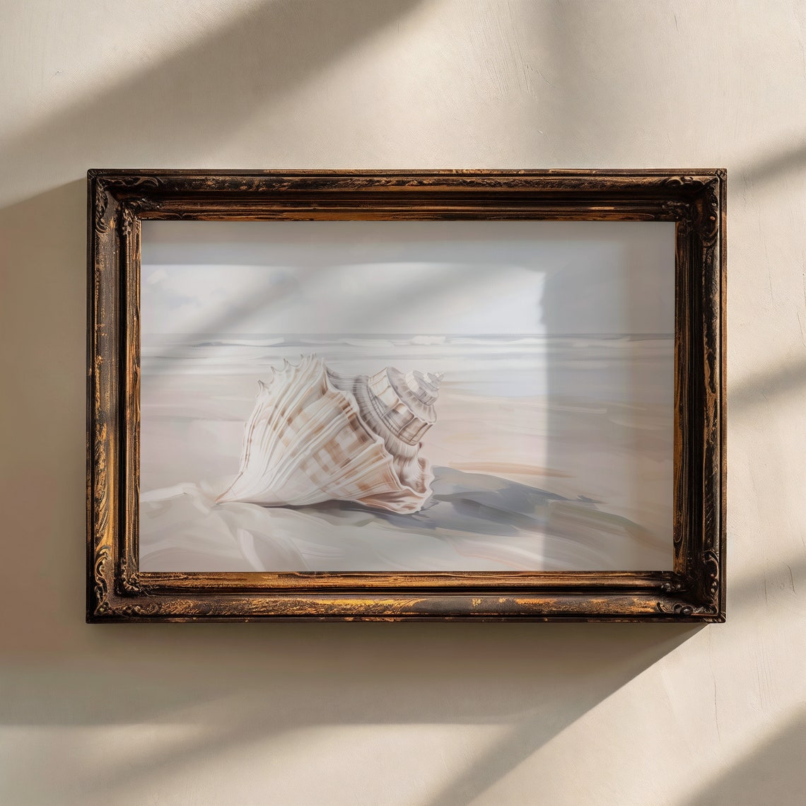 Large Seashell Resting On Sandy Beach Soft Neutral Coastal Wall Art - Image 5