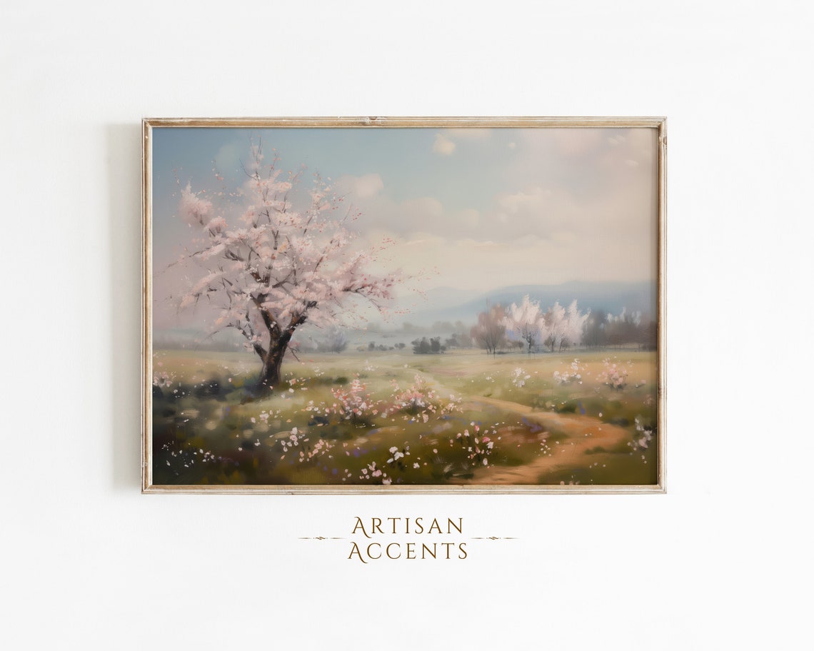 Cherry Blossom Tree Spring Meadow Pink Floral Landscape Wall Art