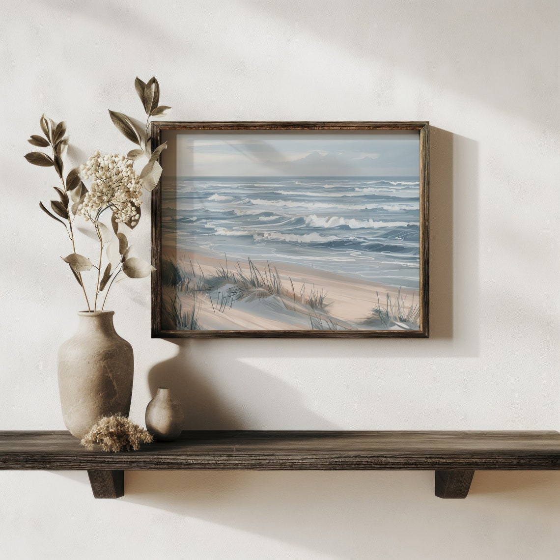Ocean Waves Rolling Over Sandy Beach Dunes Coastal Painting Print - Image 4