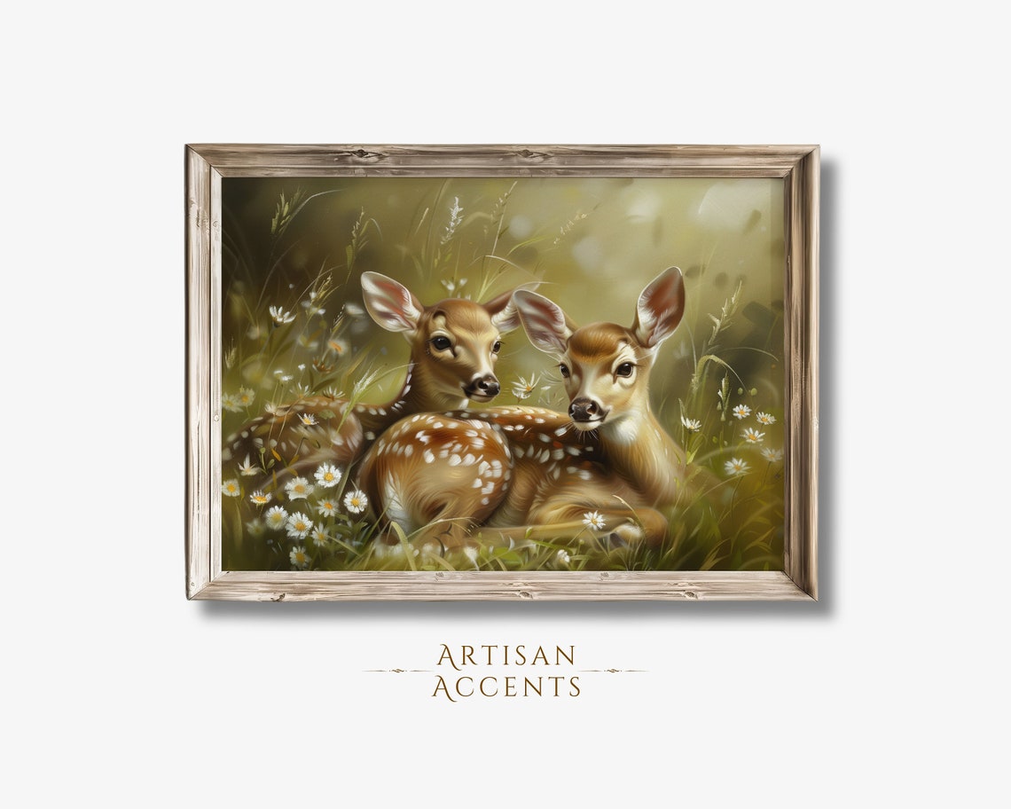 Two Spotted Fawns Resting Among Daisies Woodland Nursery Art Print