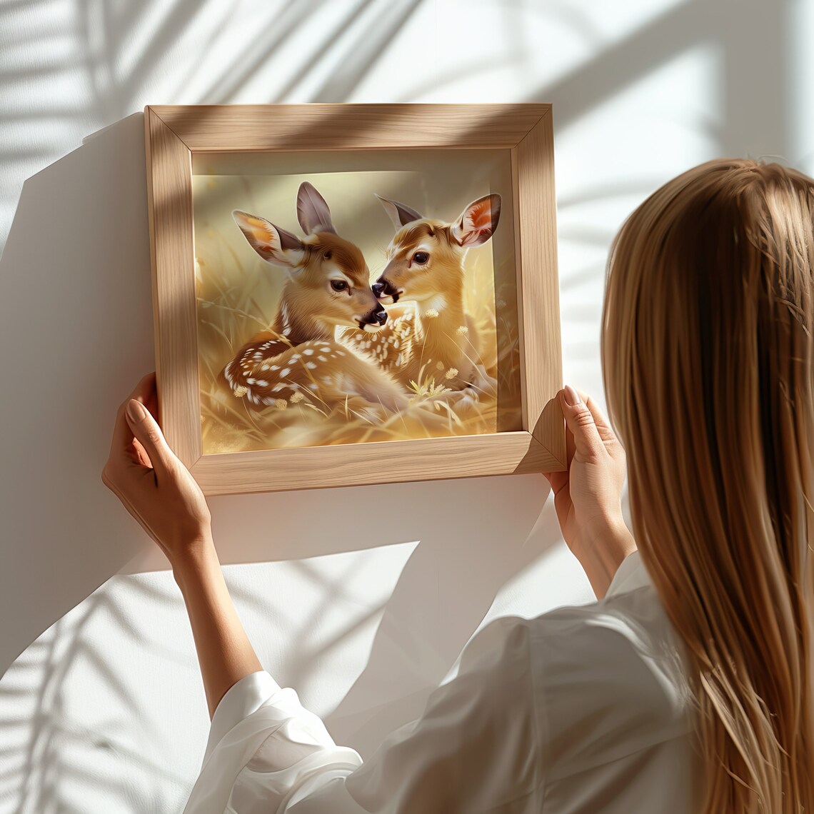 Two Baby Deer Fawns Nuzzling In Golden Meadow Wildlife Art Print - Image 3
