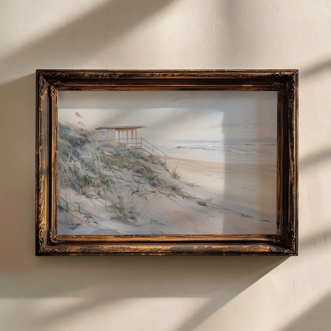 Beach Dunes With Lifeguard Stand Serene Coastal Oil Painting Wall Art - Image 5