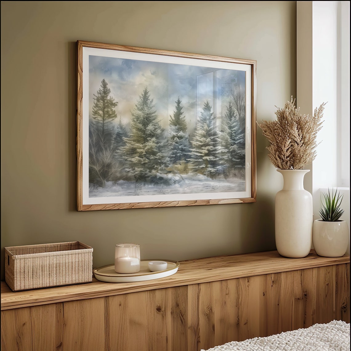 Winter Pine Trees Snowy Forest Christmas Evergreen Landscape Wall Art - Image 3