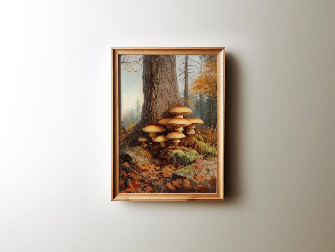 Autumn Mushrooms At Tree Base Forest Floor Oil Painting Art Print - Image 2