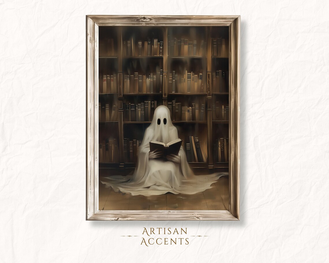 Cute Ghost Reading Book Library Dark Academia Halloween Oil Painting Poster - Image 5
