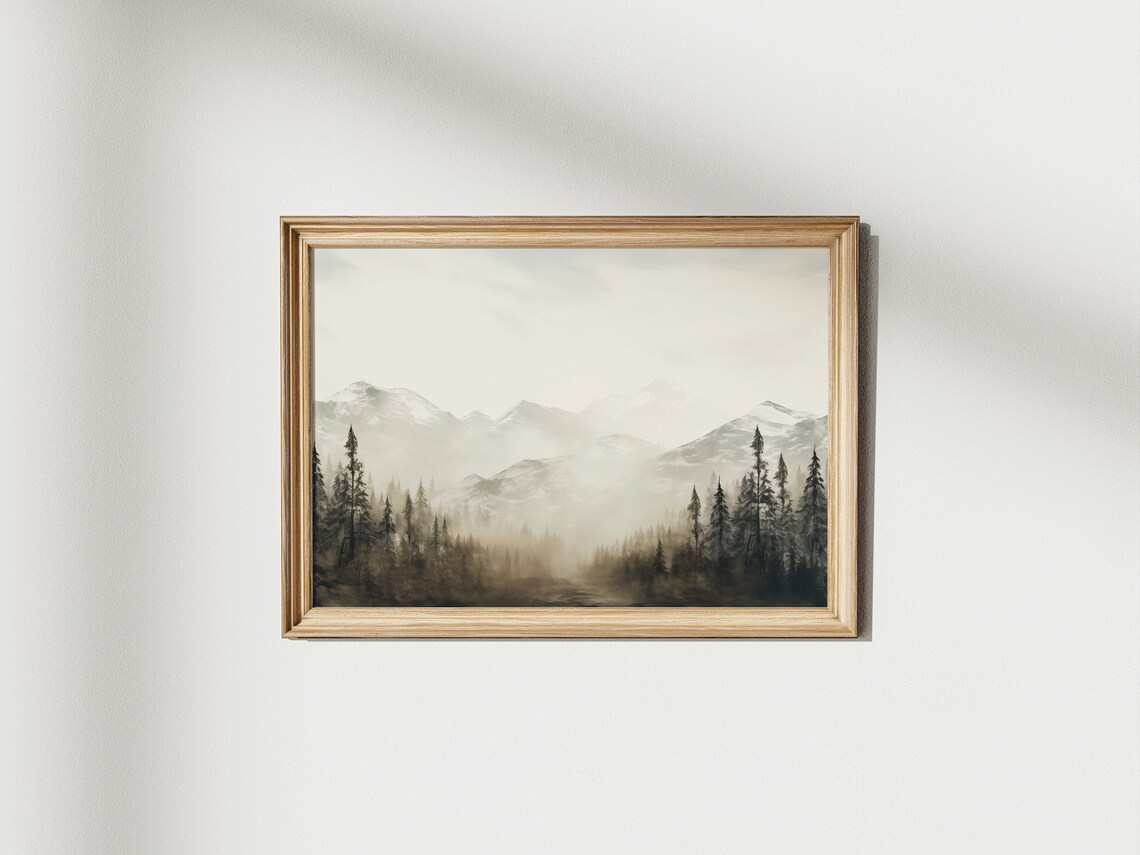 Vintage Mountains Rural Oil Painting Art Print - Image 3