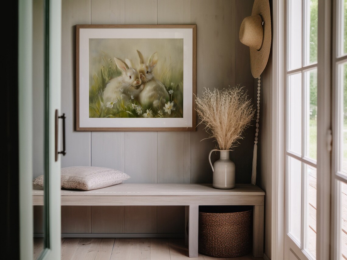 Two Bunnies Cuddling In Wildflower Meadow Sweet Spring Painting Print - Image 5