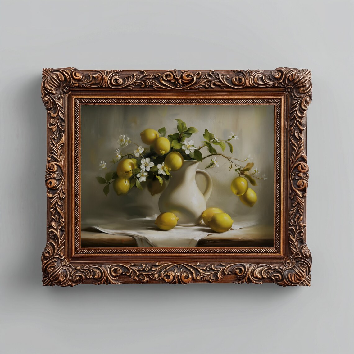Lemons White Blossoms White Pitcher Rustic Still Life Kitchen Art Print - Image 4