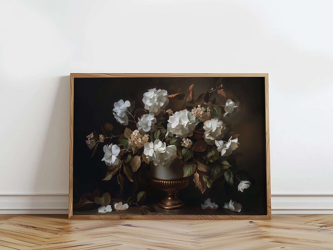 White Hydrangea Urn Dark Moody Floral Still Life Vintage Art Print - Image 3