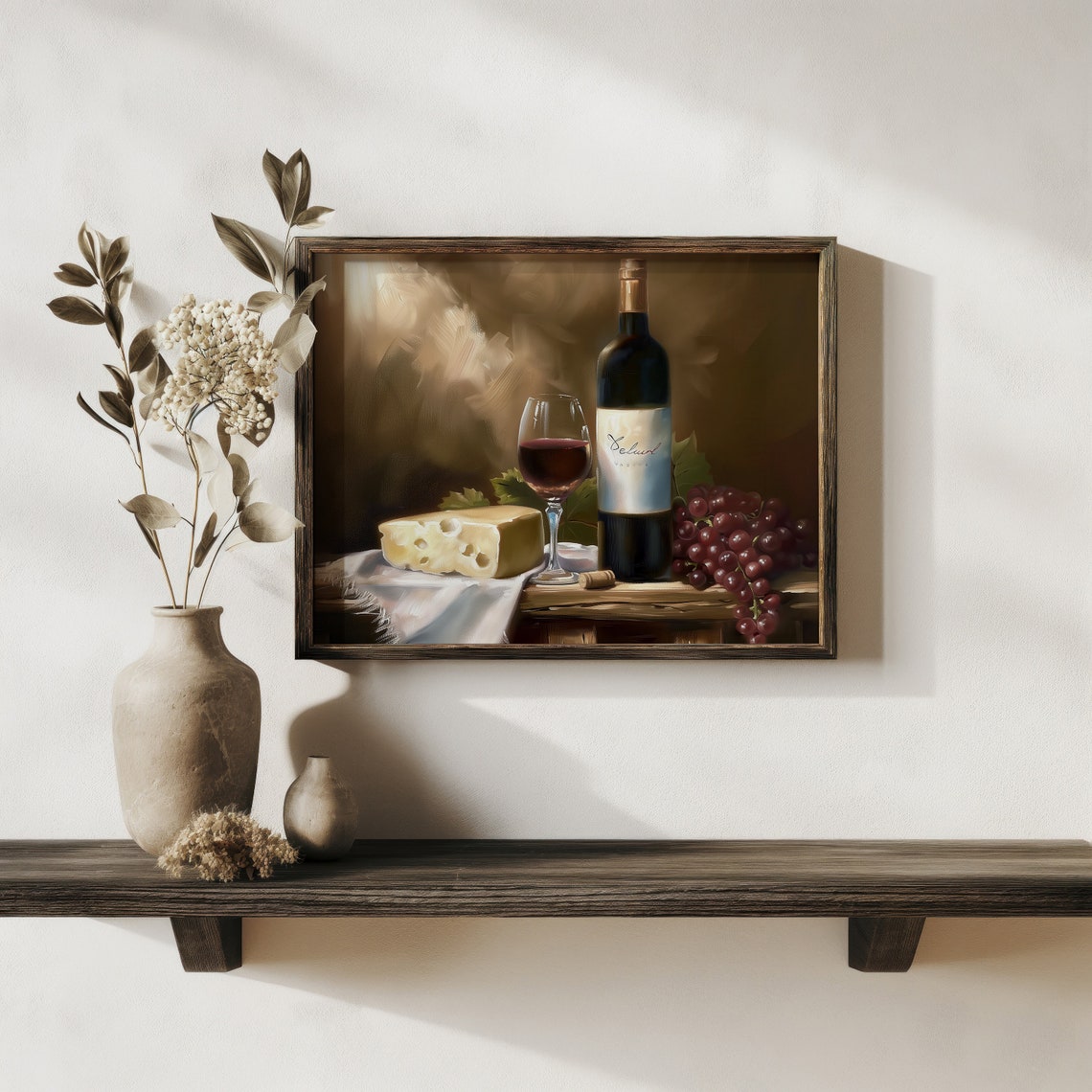 Red Wine Bottle Cheese Grapes Golden Glow Rustic Still Life Art Print - Image 2