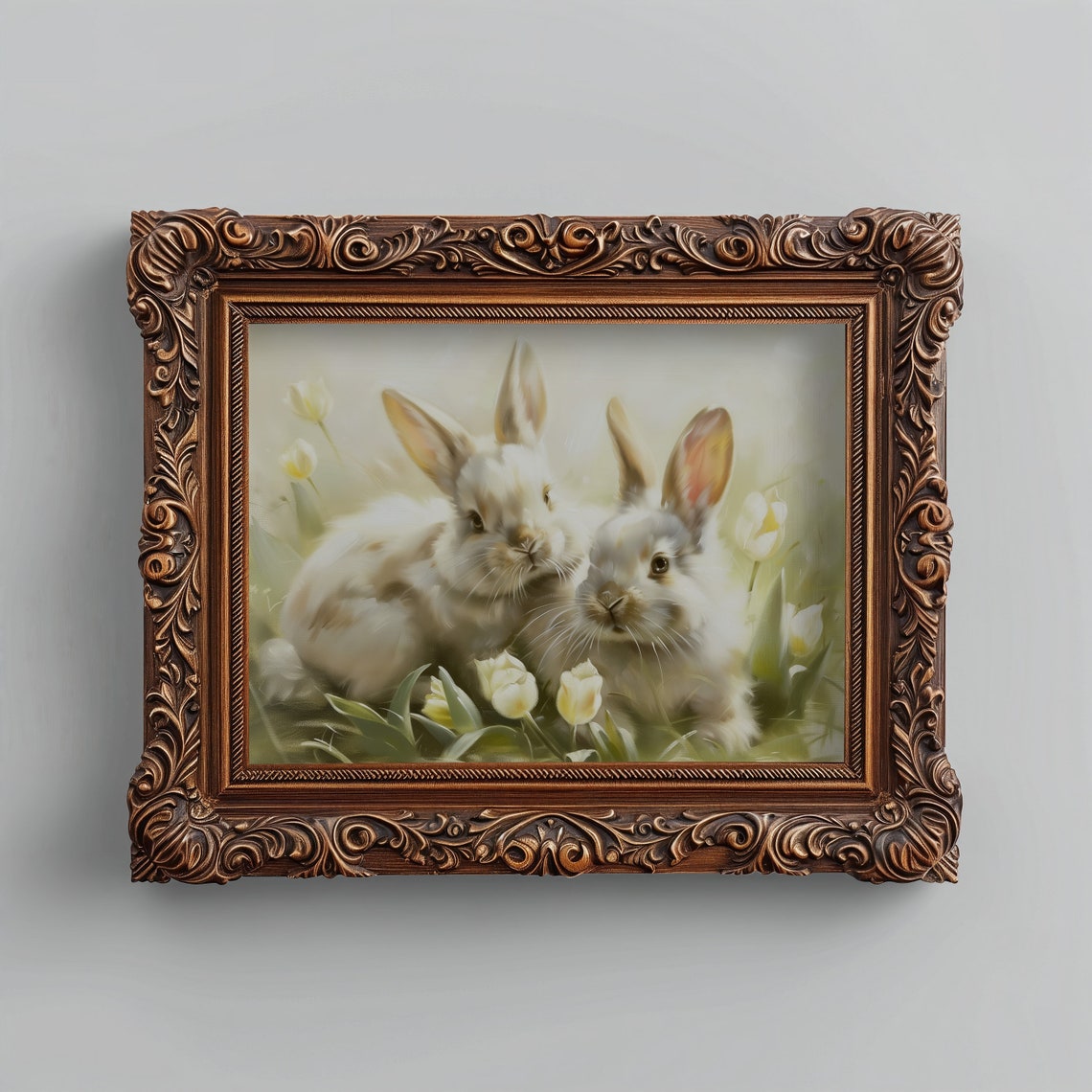 Two White Bunnies Among Tulips Spring Floral Oil Painting Wall Art - Image 4