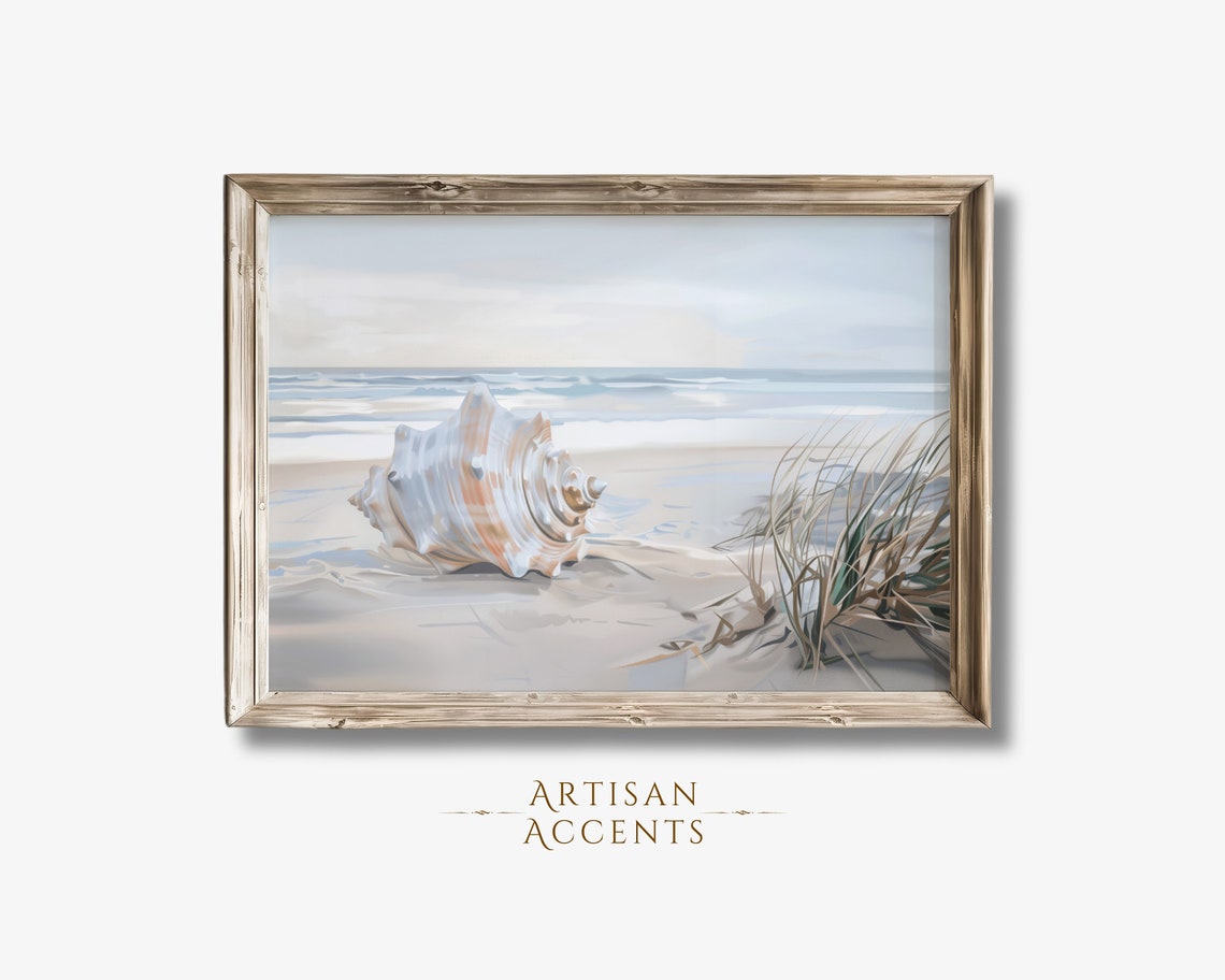 Seashell On Sandy Beach Ocean Waves Serene Coastal Still Life Print