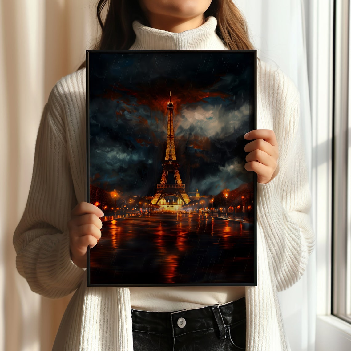 Eiffel Tower Paris Rainy Night Golden Lights Reflection Travel Poster - Image 4