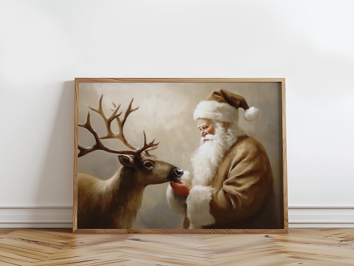 Santa Claus and Reindeer Modern Christmas Art Print - Image 2