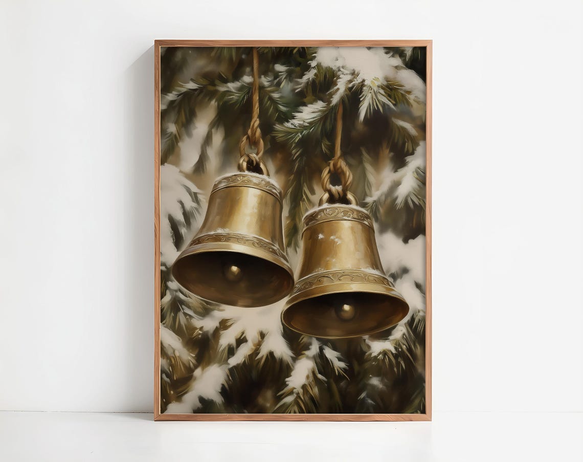 Golden Jingle Bells Hanging On Snowy Pine Christmas Holiday Art Print - Image 2