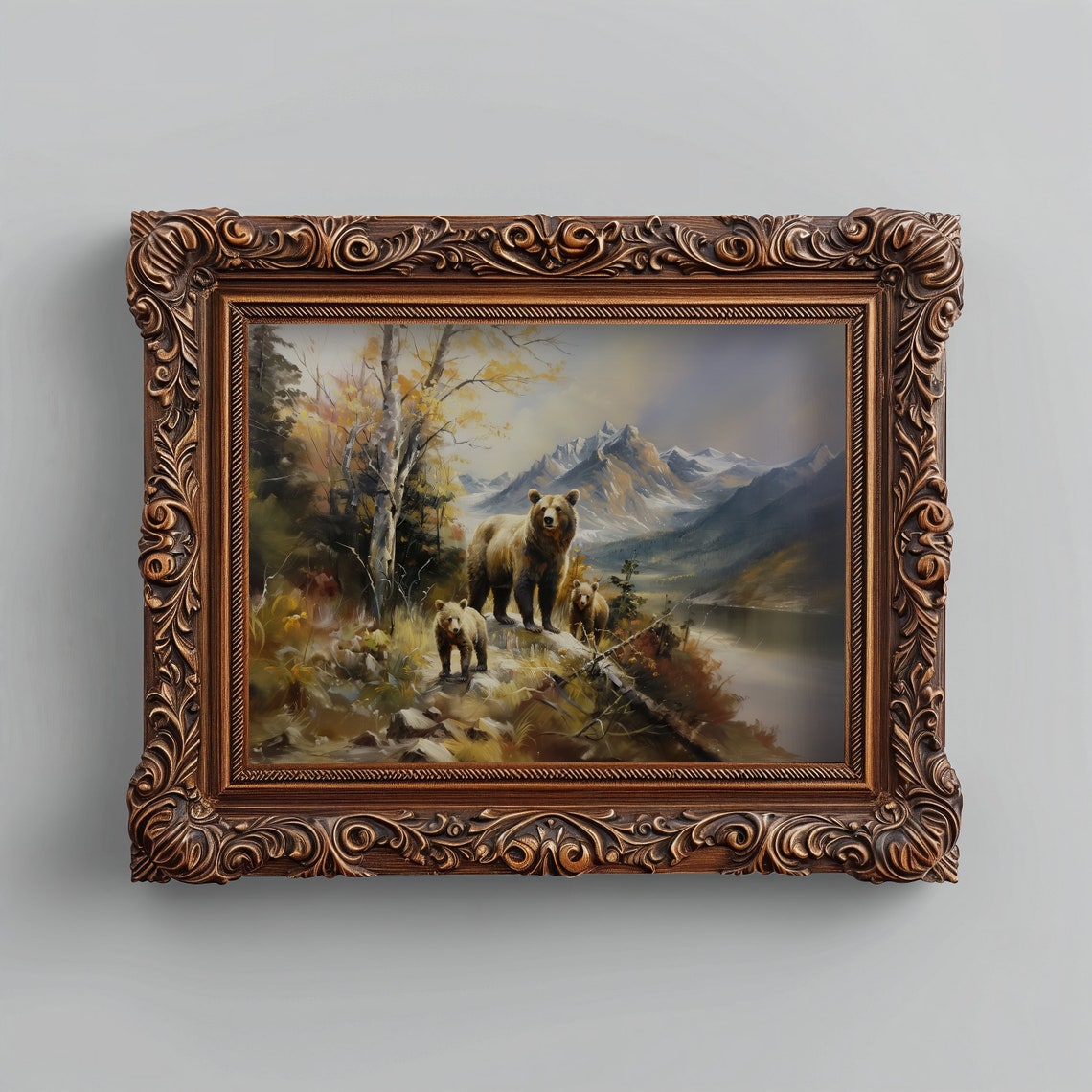 Mama Bear With Two Cubs Autumn Mountain Wilderness Painting Print - Image 4
