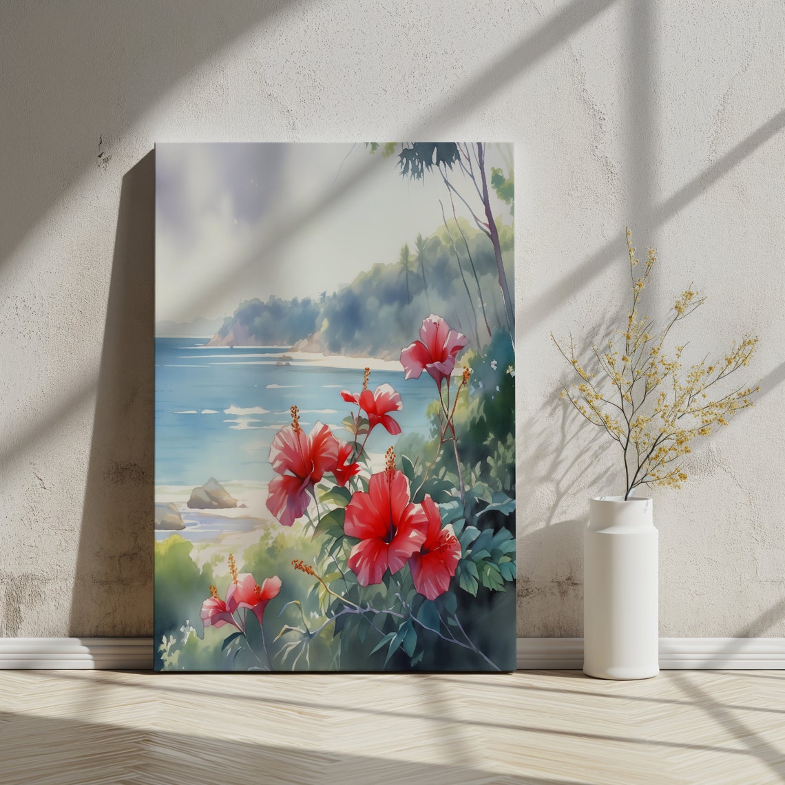 Hibiscus Water Color Art Red Floral Beach Scene With Palm Trees Blue Water Print For Home Decor - Image 5