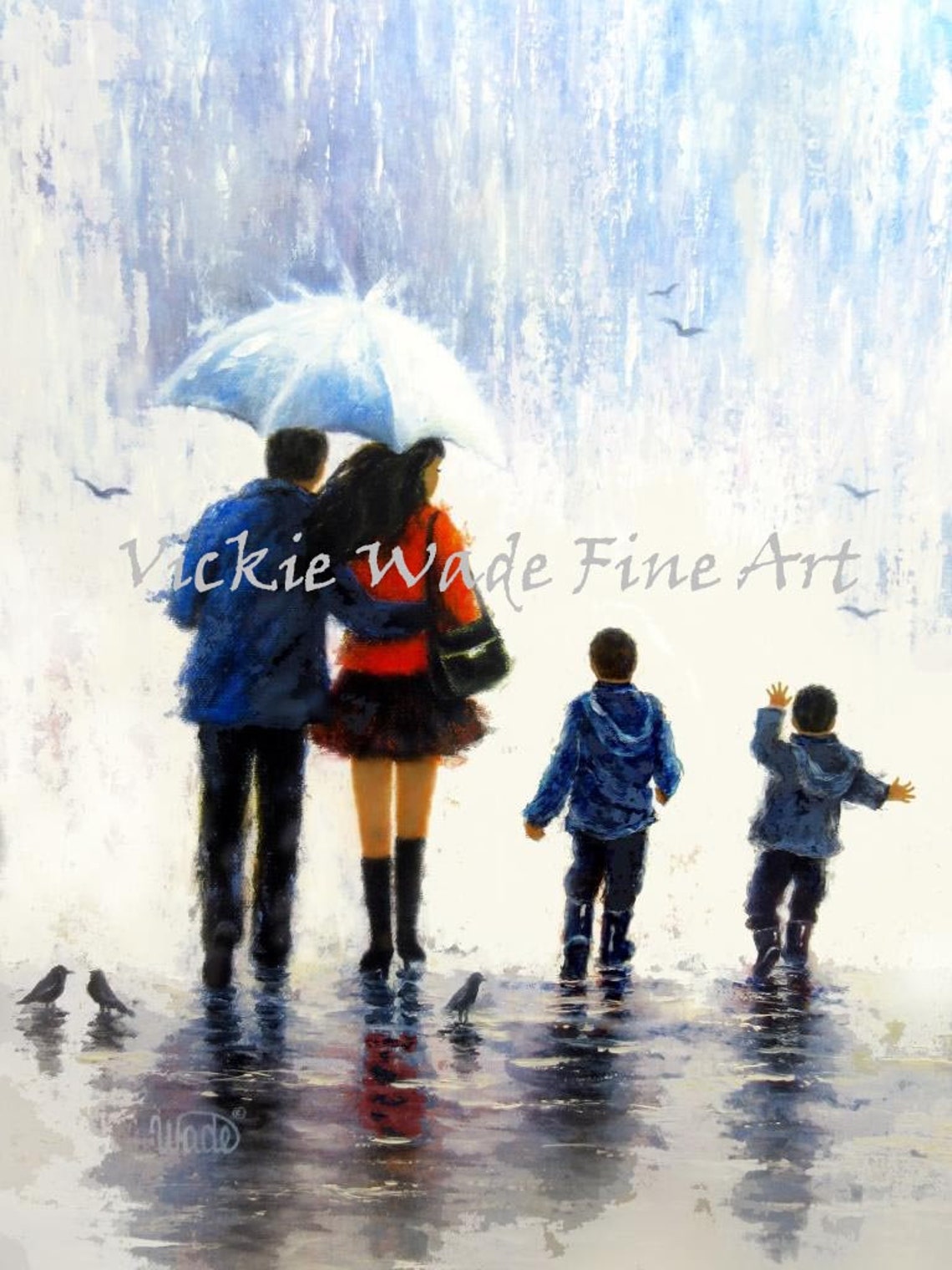 Rain Family Two Boys Art Print Mother And Father Two Sons Mom And Dad Black Hair Umbrella Loving Family Painting Vickie Wade