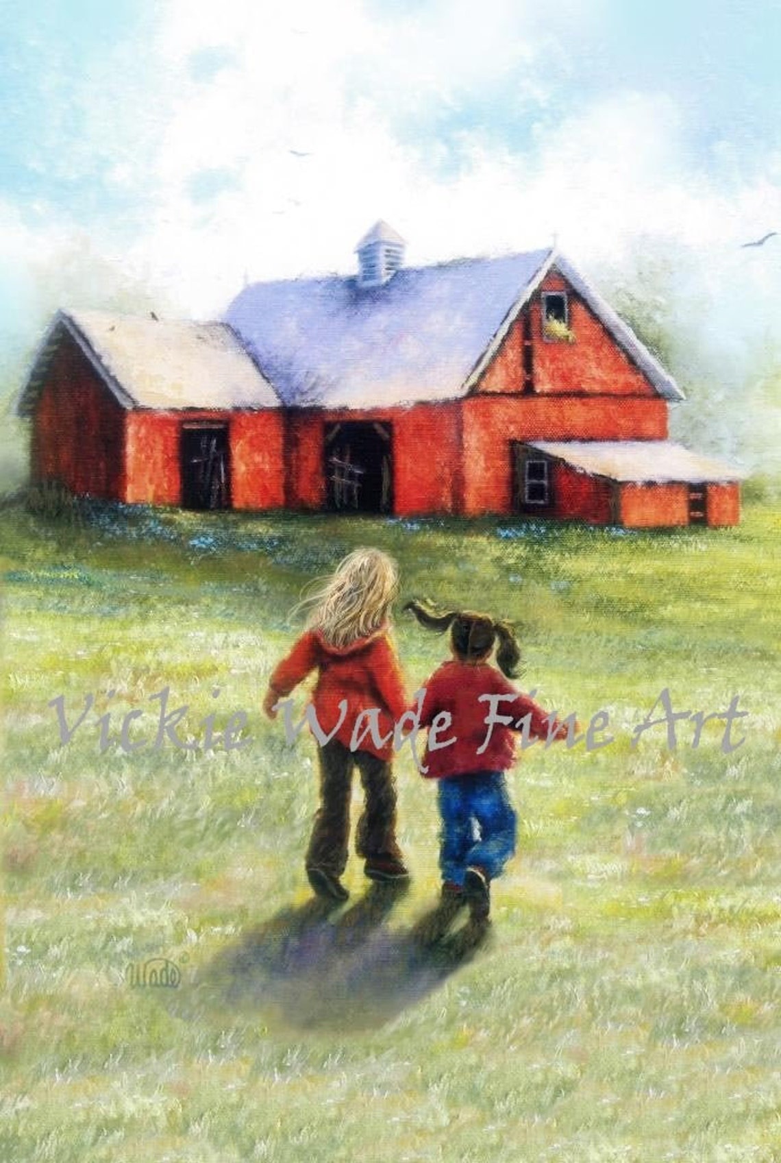 Two Sisters Happy At The Farm Art Print Country Sisters Country Girls Two Girls Brunette And Blonde Red Barn Painting Vickie Wade Art