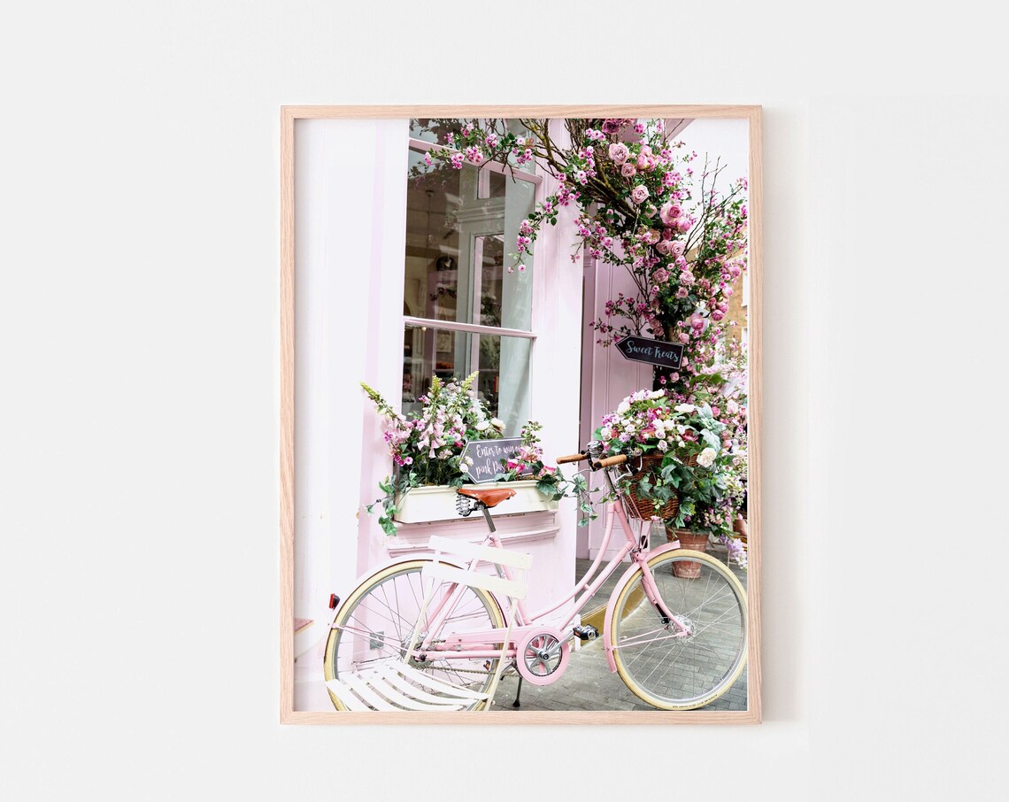 Bicycle Print, Pink Bike Botanical Wall Art