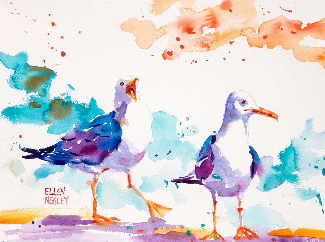 Seagull Watercolor Tropical Bird Art Print by Ellen Negley