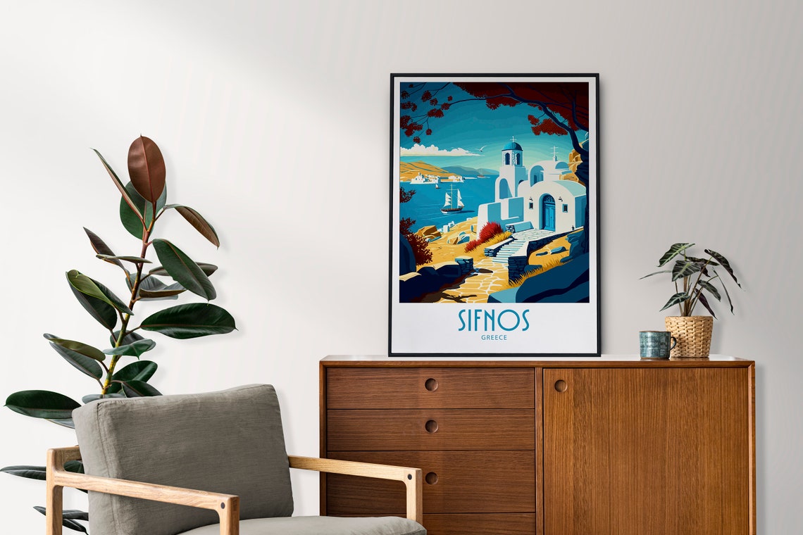 Vintage Sifnos Greece Travel Poster Whitewashed Chapel Coast Art - Image 4