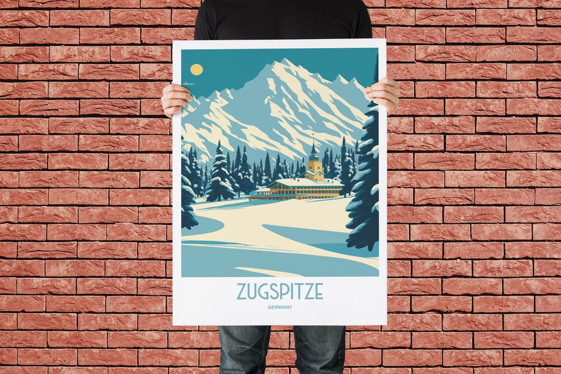 Zugspitze Germany Snowy Mountain Peak Alpine Lodge Travel Poster - Image 3