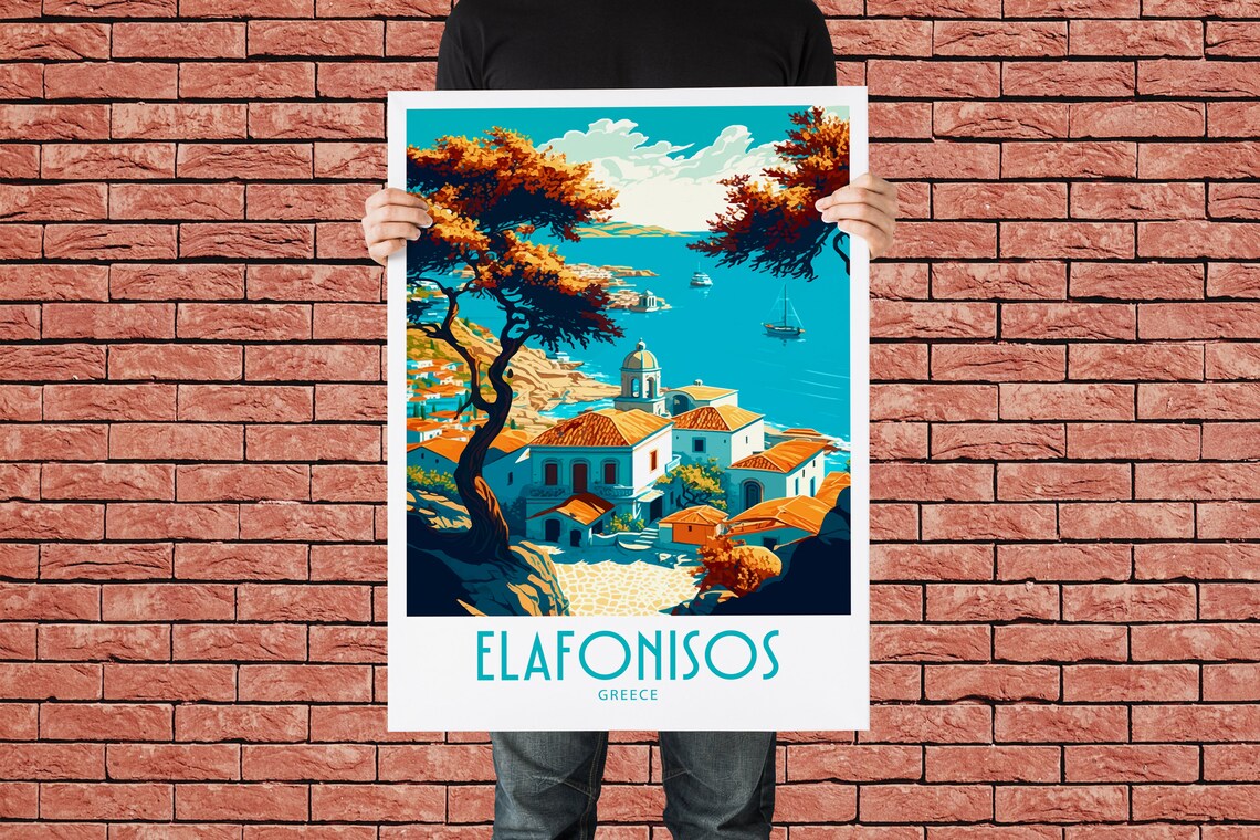 Vintage Elafonisos Greece Travel Poster Overlook Village Coast Art - Image 2