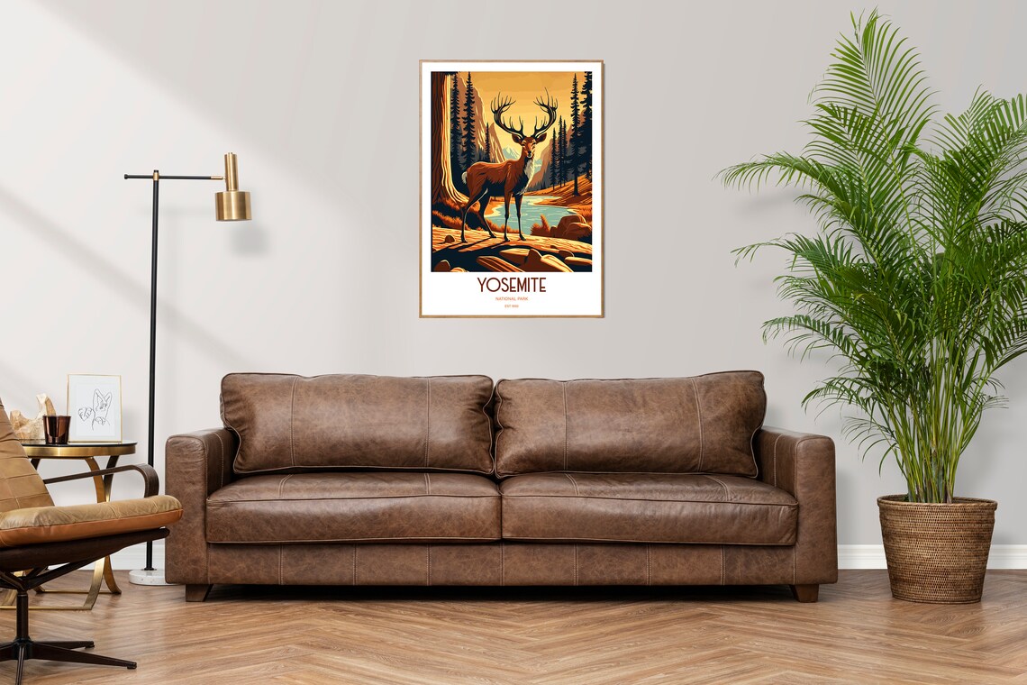 Yosemite National Park Deer Travel Poster Wildlife Lake Vintage Art - Image 3