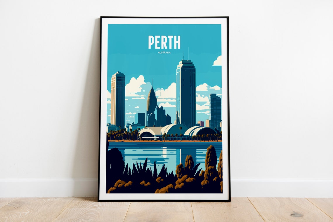 Perth Australia City Skyline Riverside Daytime Vintage Travel Poster