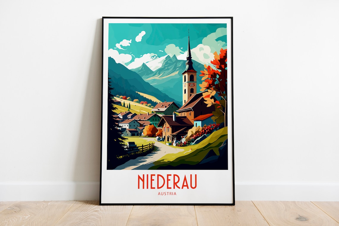 Niederau Austria Alpine Village Church Vintage Travel Poster