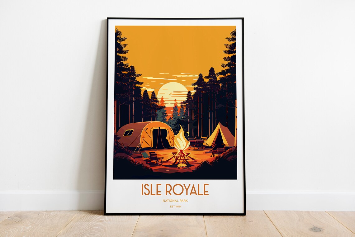 Isle Royale National Park Campfire Retro Vintage Travel Poster