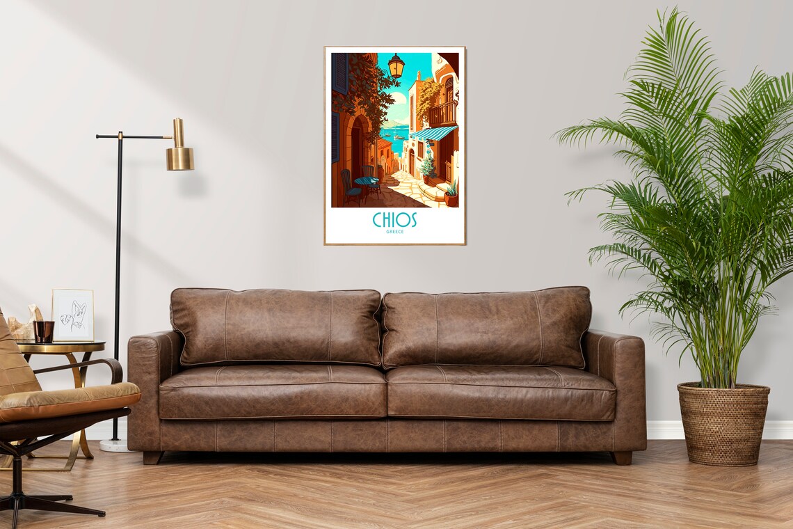Vintage Chios Greece Travel Poster Old Town Alley Sea View Art - Image 3