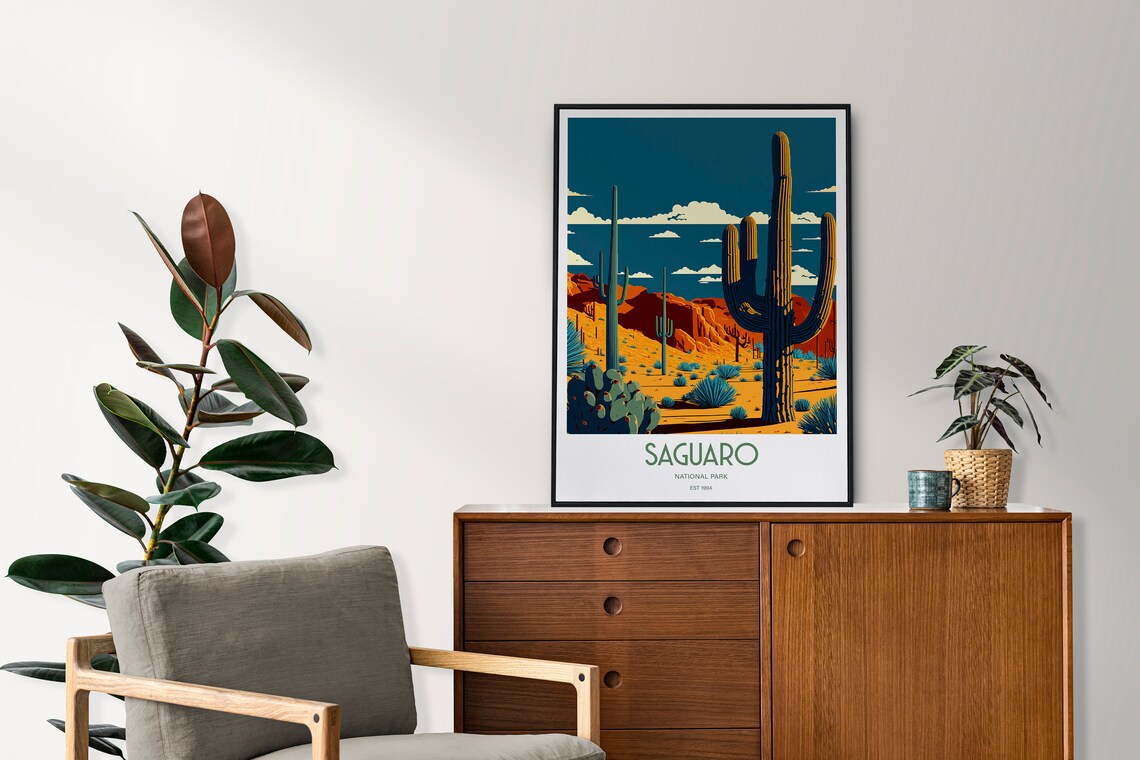 Colorful Saguaro National Park Retro Travel Illustration Poster for Home - Image 2