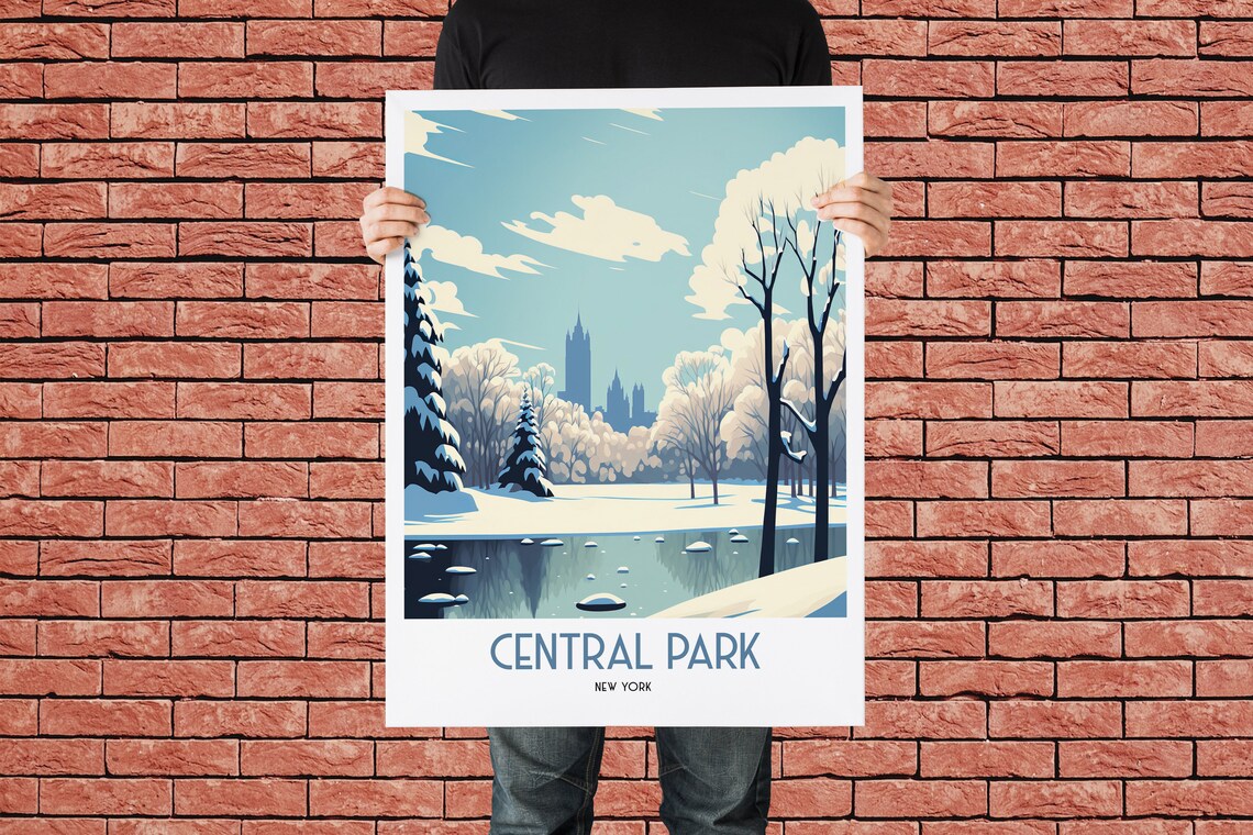 Central Park New York Winter Snow Frozen Pond Skyline Travel Poster - Image 3