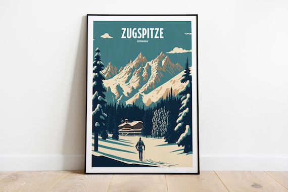 Skiing Zugspitze Travel Poster, Mountain Peak