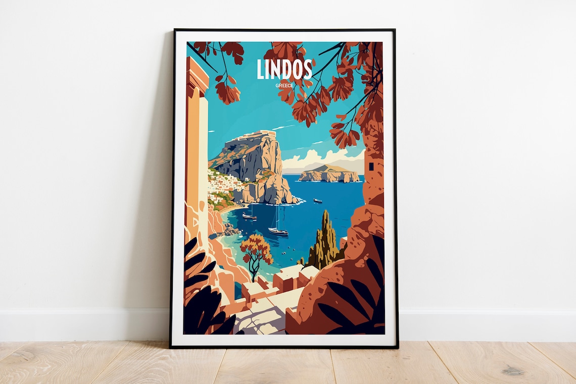 Lindos Greece Rhodes Acropolis Rock Bay Boats Vintage Travel Poster