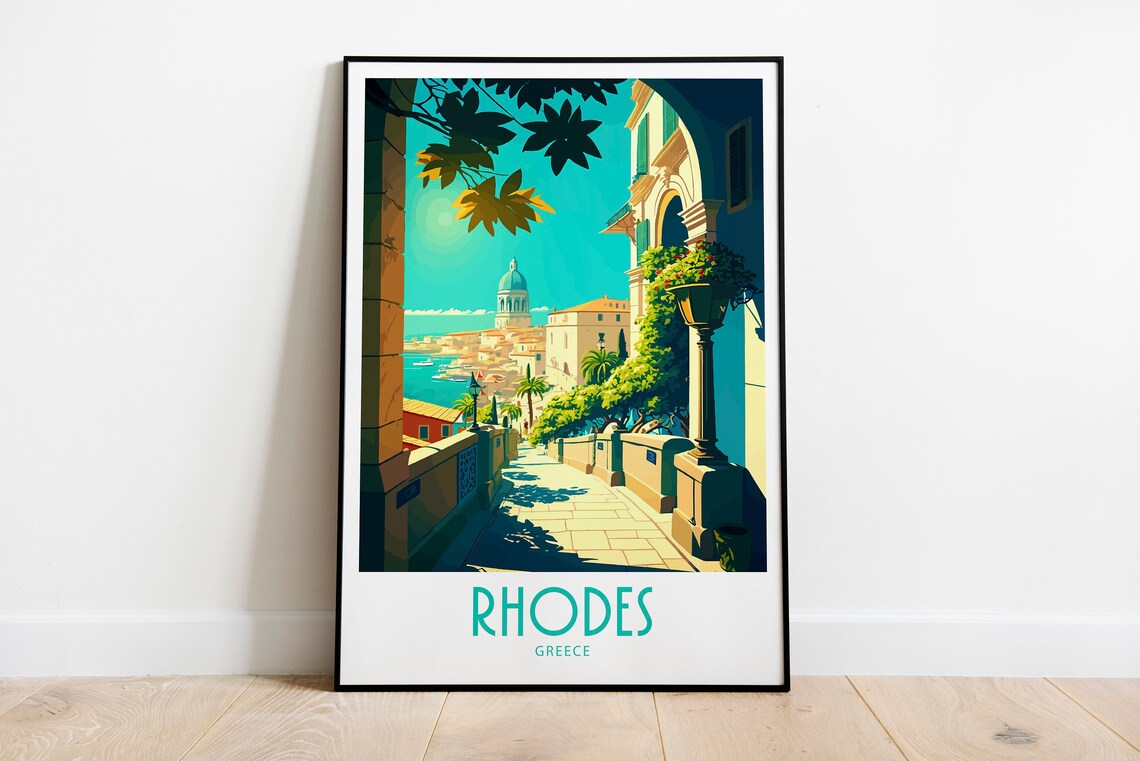 Rhodes Greece Old Town Walkway Sea View Vintage Travel Poster