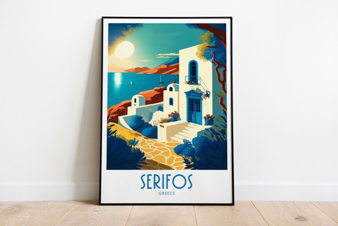 Vintage Serifos Greece Travel Poster Whitewashed Villa Sea View Art
