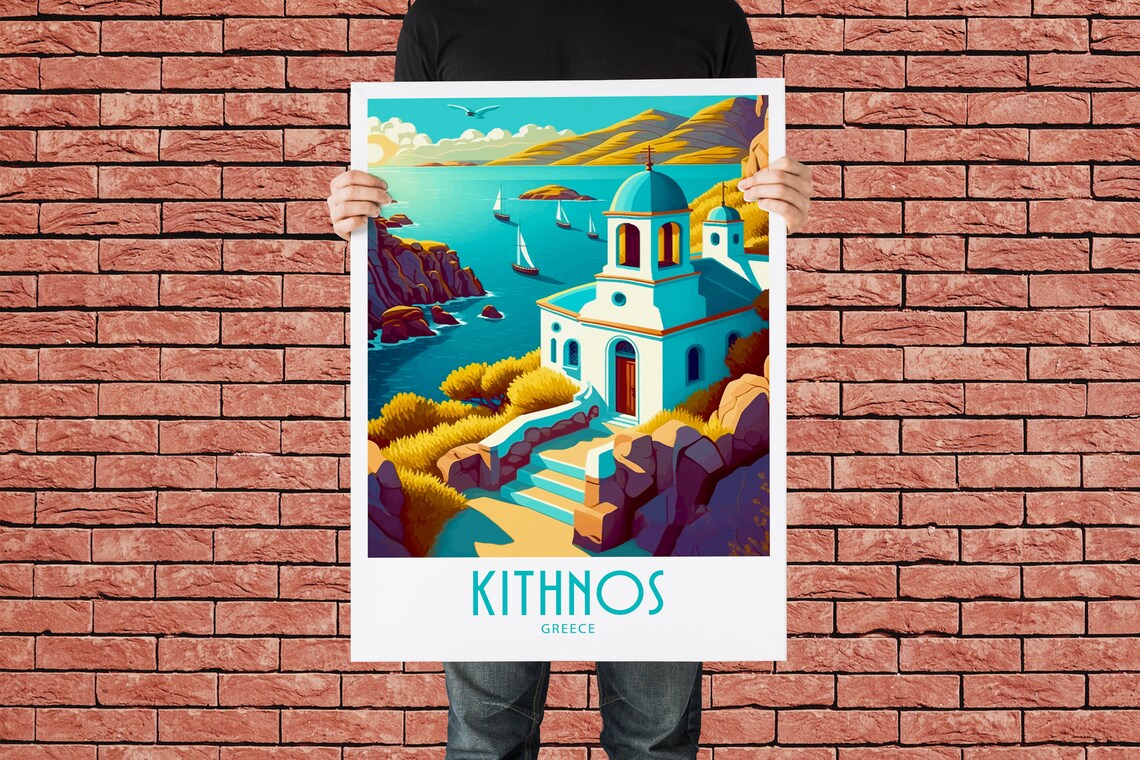 Kithnos Greece White Seaside Chapel Sailboats Vintage Travel Poster - Image 2