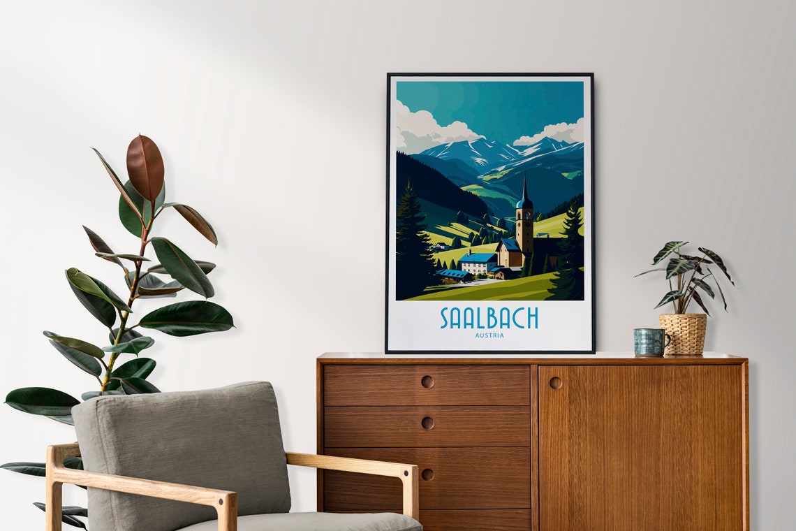 Saalbach Austria Alpine Village Church Mountain Travel Poster - Image 3