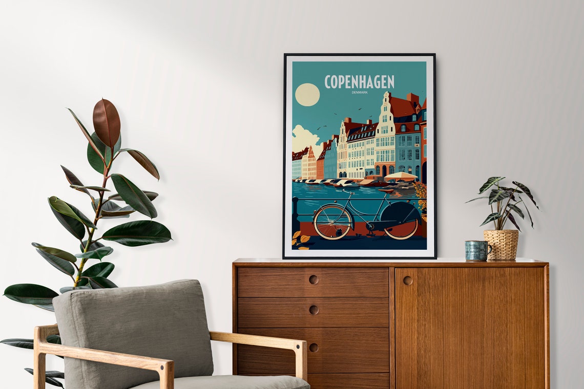Copenhagen Denmark Canal Houses Vintage Bicycle Retro Travel Poster - Image 2