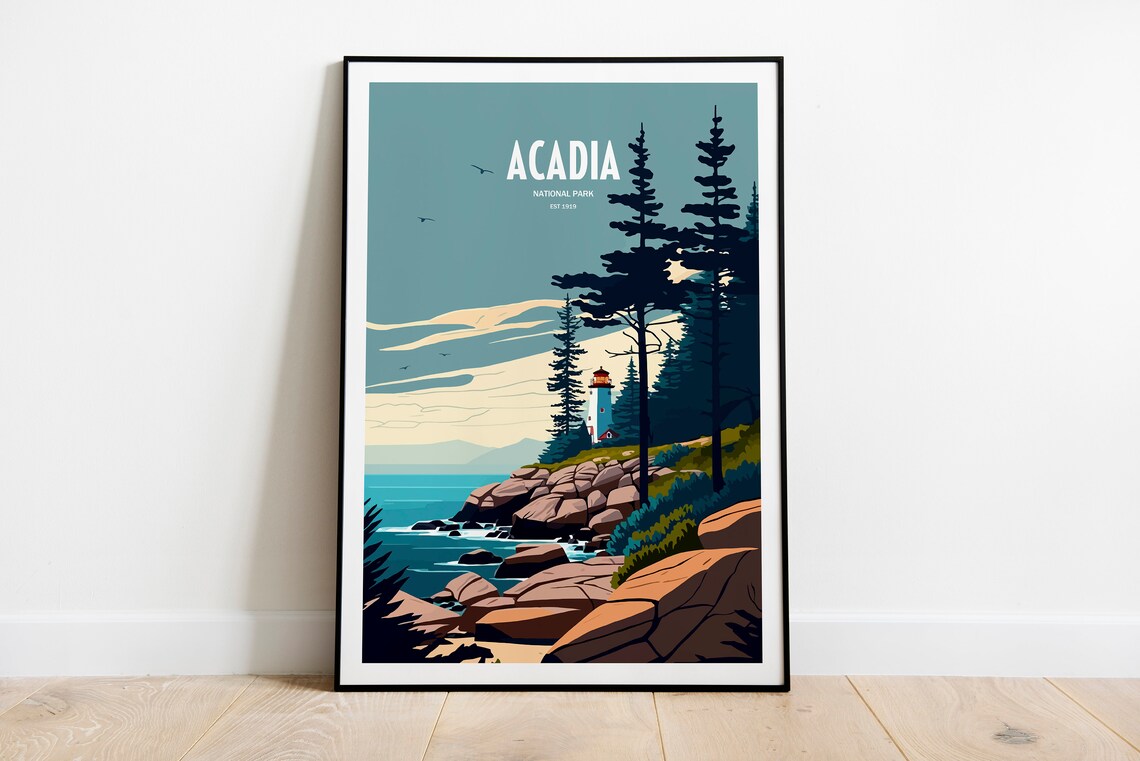 Acadia National Park Lighthouse Travel Poster Rocky Coast Maine Art