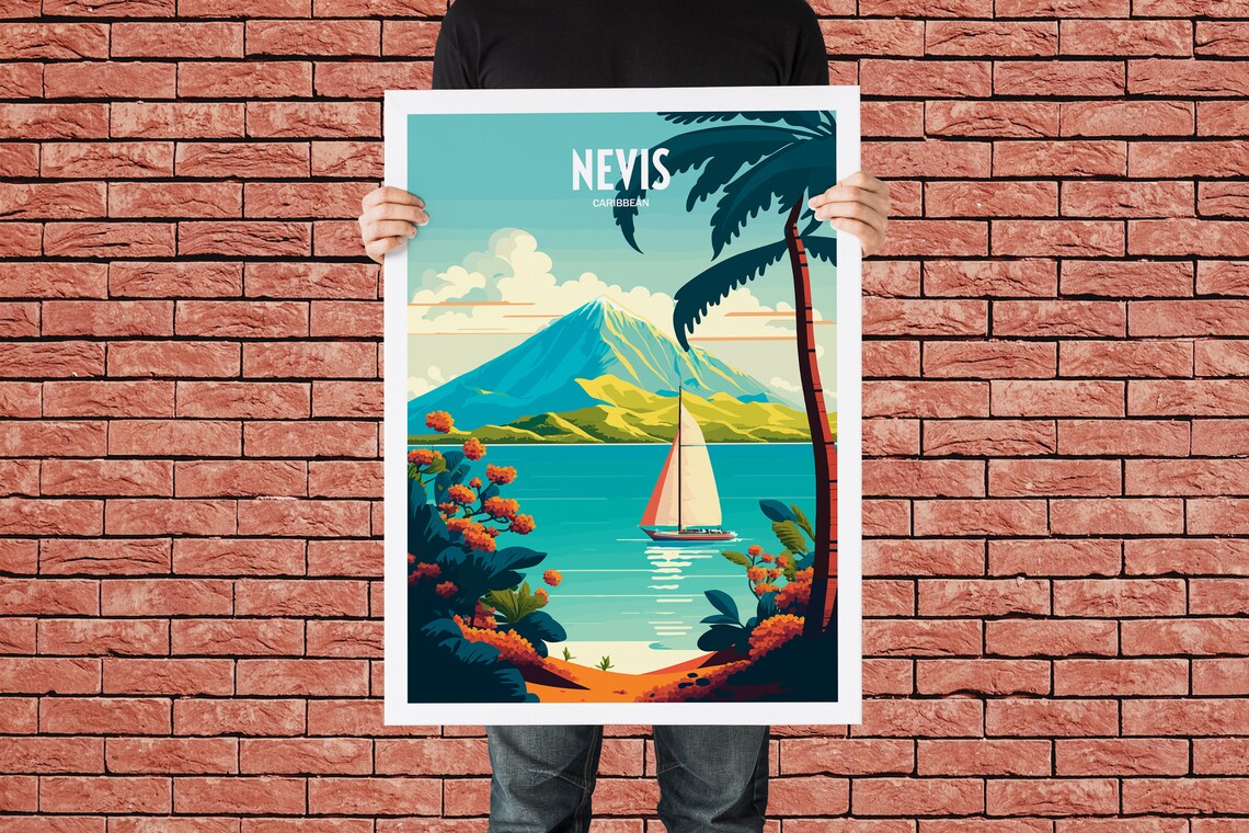 Nevis Caribbean Sailboat Tropical Island Mountain Peak Travel Poster - Image 4