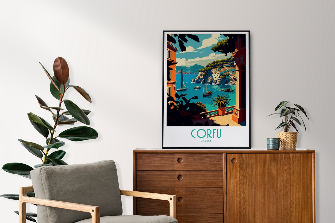 Corfu Greece Turquoise Bay Sailboats Retro Travel Art Poster - Image 3