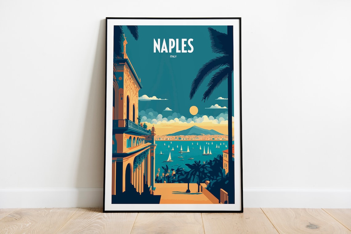 Naples Italy Bay of Naples Vesuvius Sunset Vintage Travel Poster